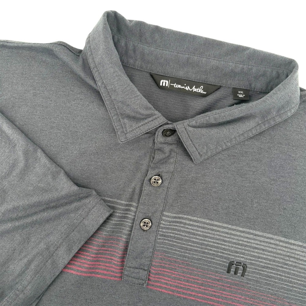 TravisMathew Men XXL Polo Shirt Charcoal Gray Red Chest Stripe Golf Short Sleeve